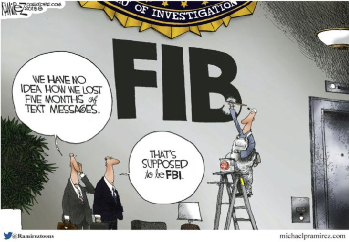 FBI claims to have "lost" 5 months of text messages; Michael P. Ramirez suggests rebranding it the FIB. - Michael Ramirez 