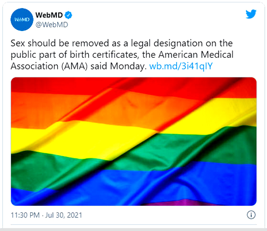 "Assigning sex using binary variables in the public portion of the birth certificate fails to recognize the medical spectrum of gender identity," claimed Willie Underwood II, who wrote Board Report 15 for the AMA.  The report startingly claims "there is no clear standard for defining sex designation" on those legal documents." - WND 