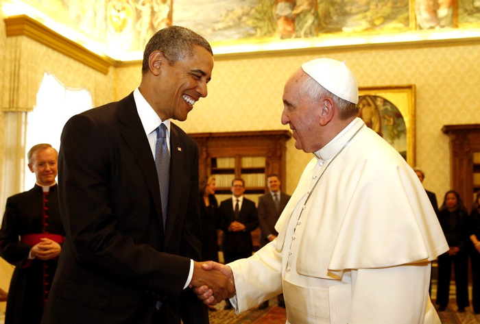 The Obama / Biden regime meeting the Pope for introduction of UN Agenda 2030 in Octxober of 2015. - Webmaster 