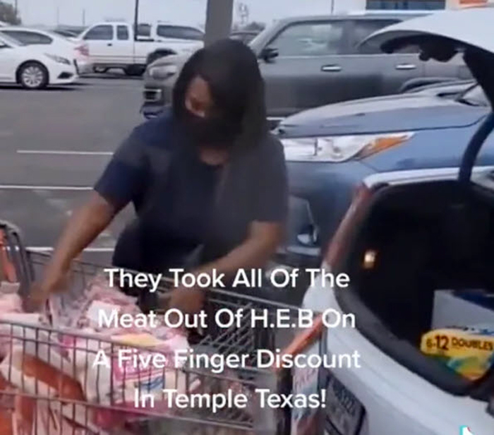 "A woman unloading an entire shopping cart filled with stolen meat into the trunk of her car, with only a lone bystander attempting to stop her." - Louder With Crowder 