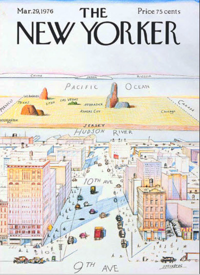 "Steinberg's relationship with the magazine reached a peak of popularity and attention in 1976 with his cover drawing "View of the World from 9th Avenue," which quickly became an iconic representation of New Yorkers seeing themselves as being the center of the United States (if not the world)." - CTPost 