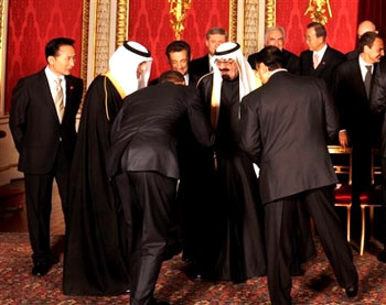 "President Barack Obama's overture to Muslims made in a speech in Turkey has been well received in the Arab world, but he has arrived home to a growing chorus of Right-wing disapproval for apparently bowing to King Abdullah of Saudi Arabia during last week's G20 summit." - Telegraph UK, April 2009   