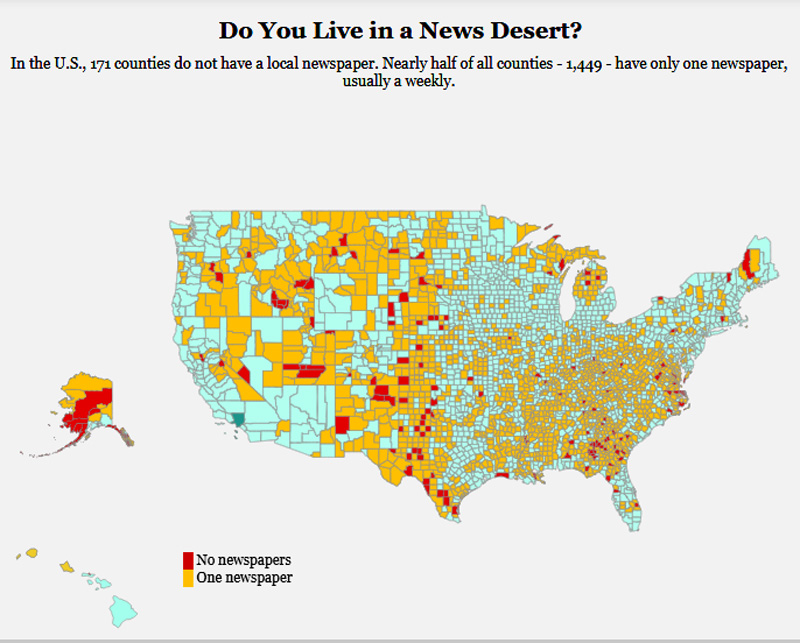Scroll down to embedded link to use interactive map of the newspaper desert in America. - Webmaster (Graphics by TitleMax.)