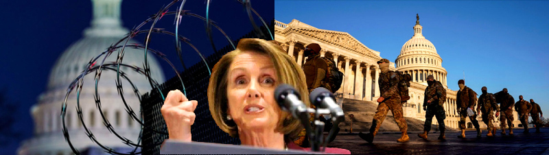 Collage contains a photo of razer wire from the BBC and the photo of the troops march around the Capitol Building. - Webmaster